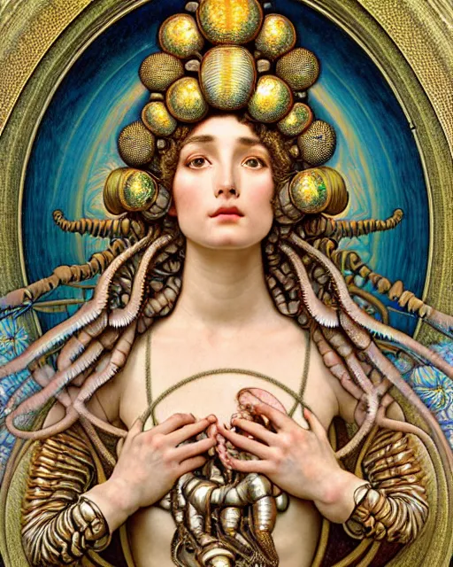 Prompt: hyperrealistic detailed face portrait of the beautiful goddess of the giant isopods with an intricate golden ornamental geometrical fractal giant isopod headdress, art by ernst haeckel, john william godward, android jones, alphonso mucha, h. r. giger, gothic - cyberpunk, ornamental, dimmed pastel colours,