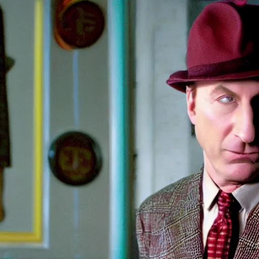 Image similar to film still of Bob Odenkirk as Stan S Stanman wearing a hat and checkerboard suit in the Monkey Island movie