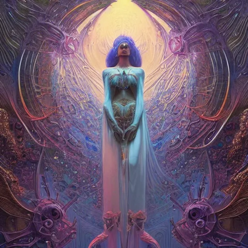 Image similar to queen of the galaxy by andreas rocha, zdzisław beksinski, alphonse mucha. highly detailed, hyper - real, very beautiful, intricate fractal details, epic, mysterious, futuristic, trending on deviantart and artstation