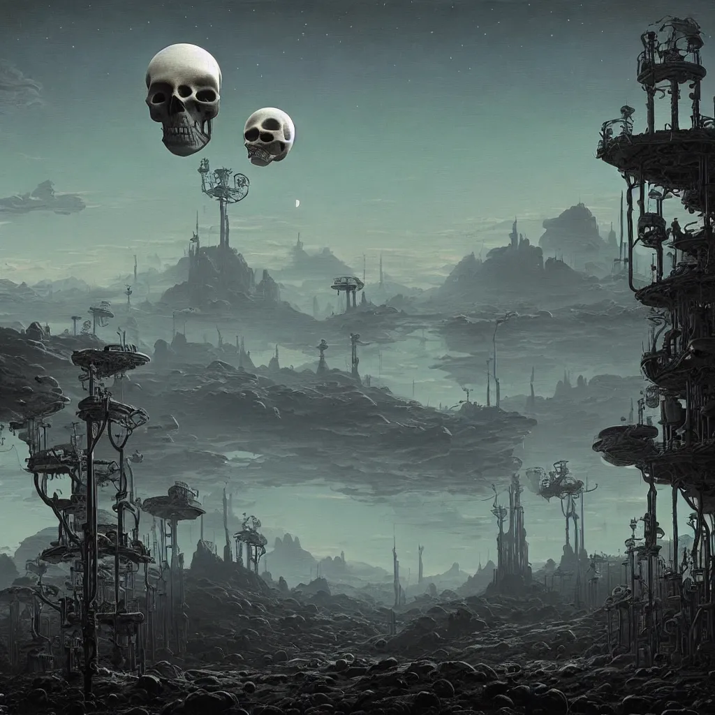 Image similar to a surreal and awe - inspiring science fiction landscape, moon in the sky looks like a skull, intricate, elegant, highly detailed matte painting by simon stalenhag and george bellows