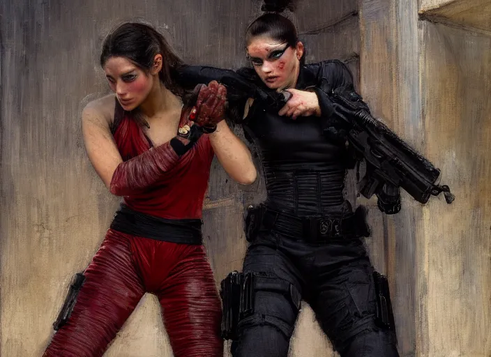 Image similar to Maria evades sgt Nash. Cyberpunk hacker in jumpsuit escaping menacing police troopers (blade runner 2049). beautiful face. jujitsu. Iranian orientalist portrait by john william waterhouse and Edwin Longsden Long and Theodore Ralli and Nasreddine Dinet, oil on canvas. Cinematic, hyper realism, realistic proportions, dramatic lighting, high detail 4k