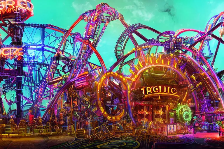 Image similar to an outdoor festival stage, neon letters tripmachine, center of the stage is a big futuristic steampunk generator with gears and belts and tubes, surrounded by a rollercoaster with a steam train, rock musicians on the stage, laser show, 8 k, fluorescent colors, halluzinogenic, multicolored, exaggerated detailed, unreal engine