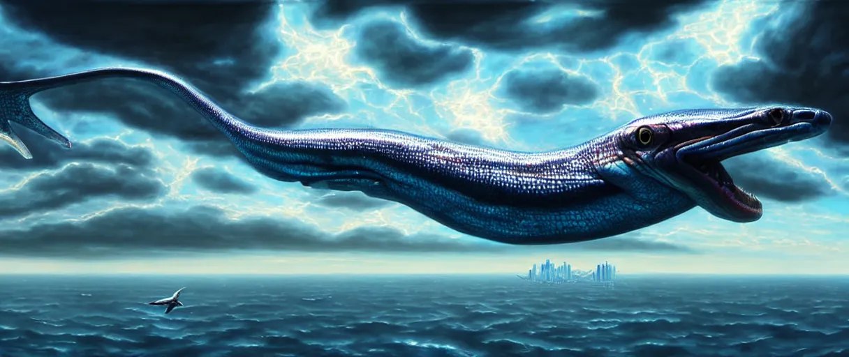 Image similar to hyperrealistic very detailed sloane’s viperfish swimming through puffy clouds above dystopian city digital painting concept art salvador dali alex grey cinematic soft glow lighting high angle hd 8k sharp shallow depth of field