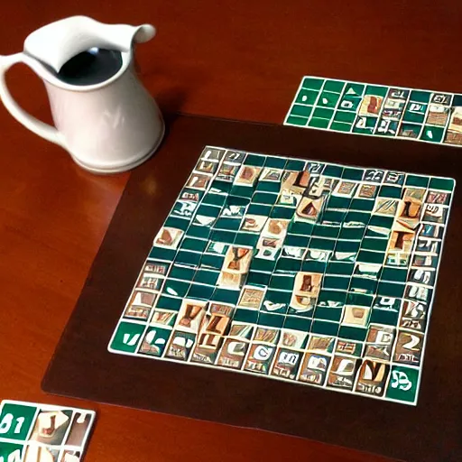 Image similar to eldritch scrabble being played with letters that spill off of the tiles