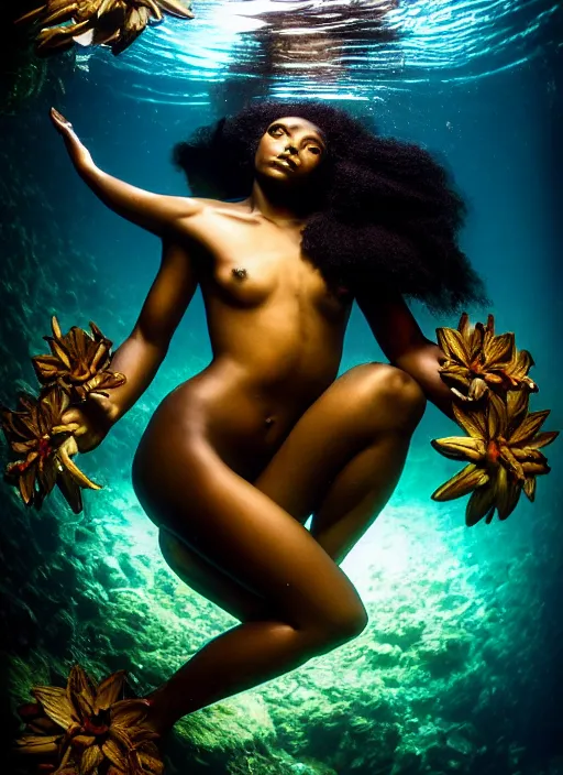 Image similar to film still, eastman exr 5 0 d 5 2 4 5 / 7 2 4 5, underwater photography full body portrait of a dark skin mermaid haitian goddess, white lilies, daylight, highly detailed, smooth, sharp focus, warm lighting, by dmitry laudin by andrei riabovitchev, by peter mohrbacher, by gustave dore