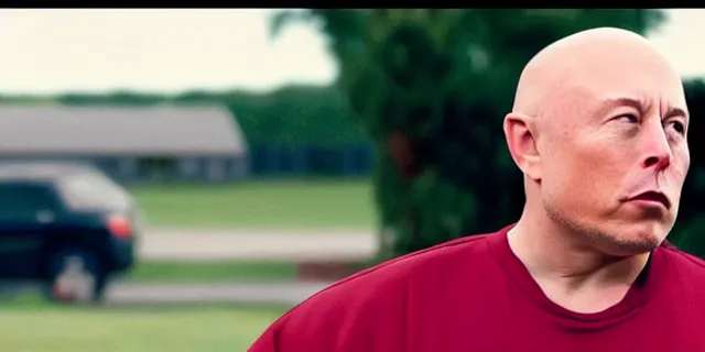 Prompt: full distant shot of bald elon musk in a tracksuit in trailer park boys