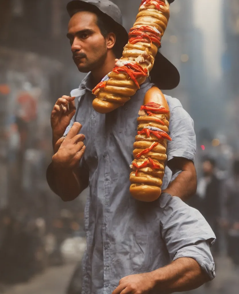 Image similar to closeup portrait of a man carrying a giant hotdog on his shoulder in a smoky new york back street, by Annie Leibovitz and Steve McCurry, natural light, detailed face, CANON Eos C300, ƒ1.8, 35mm, 8K, medium-format print