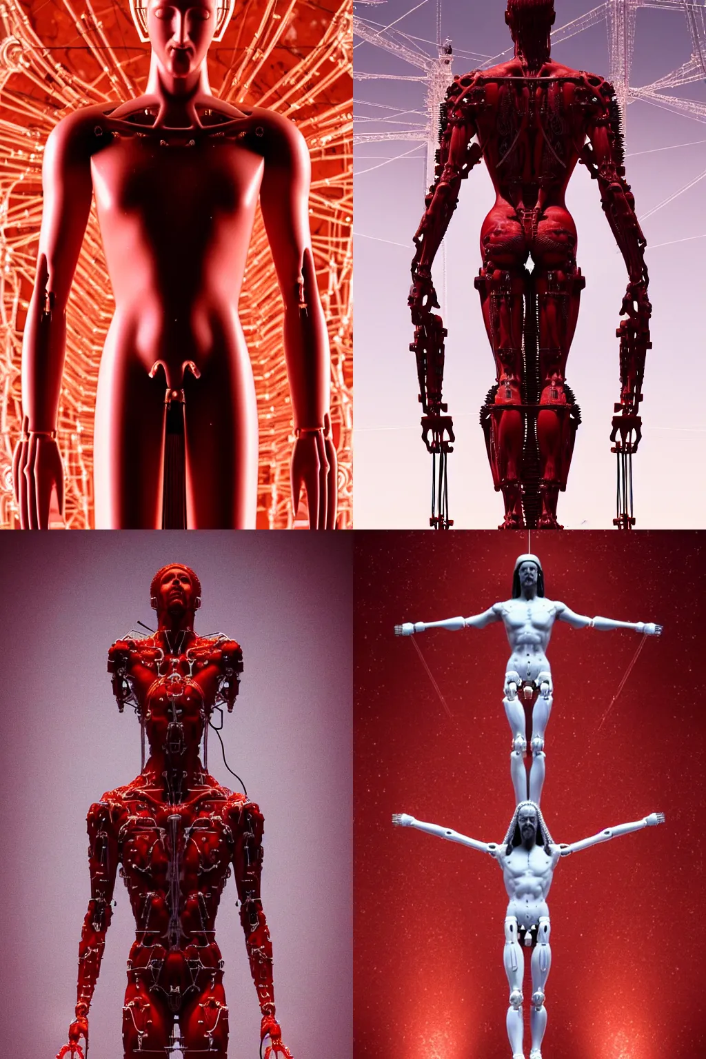 Prompt: a statue jesus on cross made of red marble, perfect symmetrical body, full body shot, white biomechanical, wearing epic bionic cyborg implants, inflateble shapes, tubes, wires, veins, masterpiece, intricate, biopunk, vogue, highly detailed, artstation, concept art, background galaxy, cyberpunk, octane render