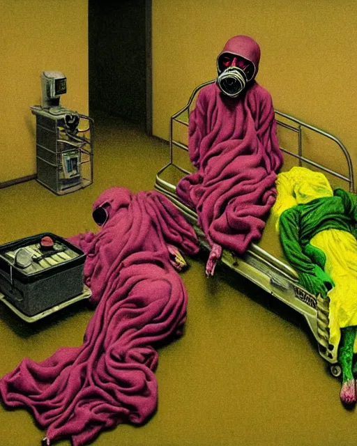 Prompt: Two figures wearing gas masks sharing an oxygen tank which is on fire, draped in silky gold, pink and green, inside a decayed hospital room with garbage in floor, in the style of Francis Bacon, Esao Andrews, Zdzisław Beksiński, Edward Hopper, surrealism, art by Takato Yamamoto and James Jean