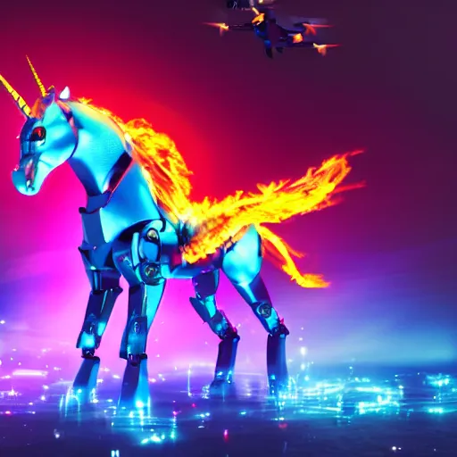 Image similar to a flaming, robotic unicorn, rearing up in front of an endless, digital space, surrounded by drones with cameras, synthwave, dslr photo