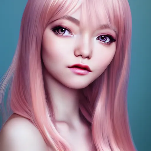 Prompt: beautiful hyperrealism hyperdetailed portrait of nikki from shining nikki dress - up game, a cute young woman, light pink hair, long hair with full bangs, full heart - shaped face, amber eyes, pale skin, light blush, chinese heritage,, smiling softly, golden hour, soft focus, 8 k,