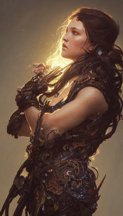 Image similar to huntress, fibonacci, sweat drops, insane, intricate, highly detailed, digital painting, artstation, concept art, smooth, sharp focus, illustration, Unreal Engine 5, 8K, art by artgerm and greg rutkowski and alphonse mucha