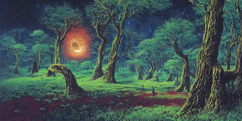 Image similar to Artwork by Tim White of the cinematic view of the Celestial Forest of Buried Enchantments.