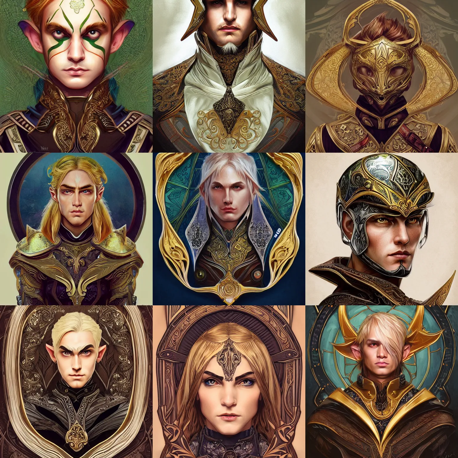 Prompt: head-on symmetrical centered painted portrait, elf male ranger, blonde hair, ornate leather armour, art nouveau, tarot card style, fantasy, intricate, elegant, highly detailed, smooth, sharp focus, illustration, artstation, in the style of Artgerm and Anna Podedworna and Alex Ross and Mucha