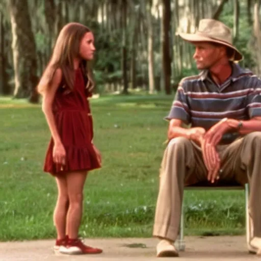 Prompt: movie still from the movie forest gump but gump is replaced by a yautja