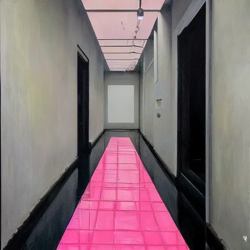 Image similar to diego dayer, hyperrealistic surrealism, award winning masterpiece with incredible details, a surreal vaporwave painting of bright pink door leading to nowhere, mirrors everywhere, highly detailed, hallway with black and white checkered floor, intricate, elegant