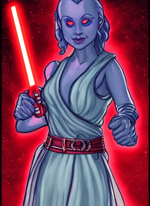Prompt: comic style the evil moon is holding a Jedi red sword in her hands artstation
