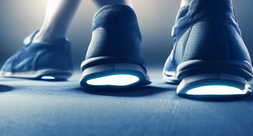 Image similar to close up on old running shoes running on a treadmill. cinematic lighting. moody. sci fi. octane render. blue grey tones.