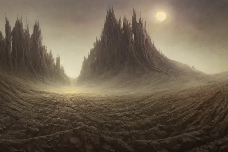 Image similar to prophecy, amazing concept painting by Jessica Rossier and HR giger and Beksinski, the middle of a valley; it was full of bones, bones that were very dry, there was a noise, a rattling sound, and the bones came together, bone to bone , I looked, and tendons and flesh appeared on them and skin covered them, but there was no breath in them and breath entered them, they came to life and stood up on their feet a vast army