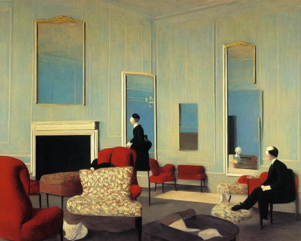 Prompt: achingly beautiful painting of a sophisticated, well - decorated, modern parlor by rene magritte, monet, and turner. whimsical.