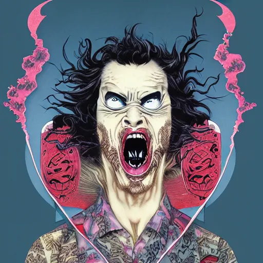 Image similar to portrait of crazy screaming post malone with red eyes like hal 9 0 0 0, as vampire, symmetrical, by yoichi hatakenaka, masamune shirow, josan gonzales and dan mumford, ayami kojima, takato yamamoto, barclay shaw, karol bak, yukito kishiro