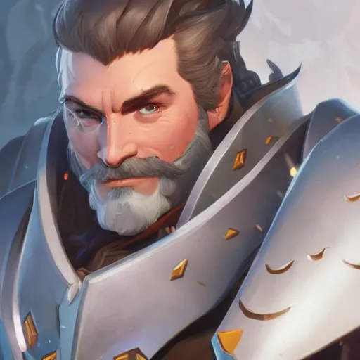 Image similar to Closeup of Reinhardt from Overwatch, D&D, fantasy, intricate, elegant, highly detailed, digital painting, artstation, concept art, matte, sharp focus, illustration, hearthstone, art by Artgerm and Greg Rutkowski and Alphonse Mucha