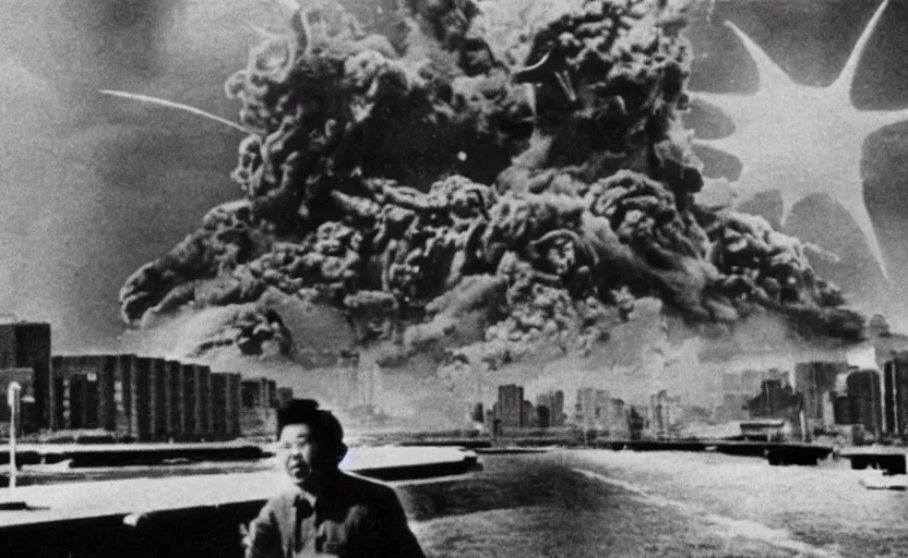 Image similar to a filmstill of Kim Jong-il and a Starro monster destroying Pyongyang, in Godzilla (1954) by Ishirō Honda, traditional Korean city, palace, epic ultrawide shot, cinémascope