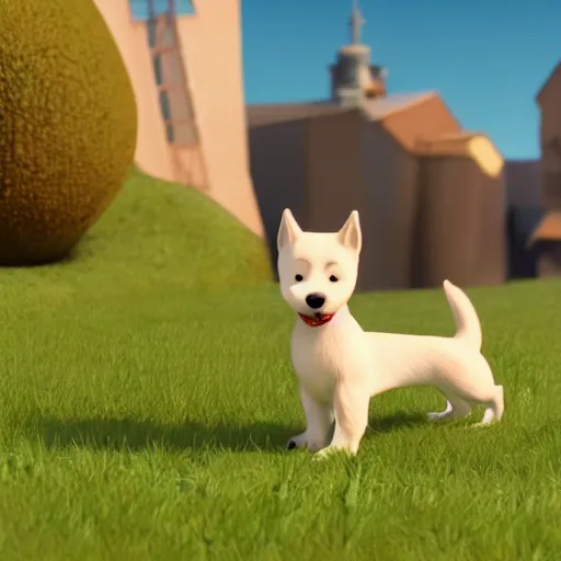 Image similar to tintin and his tiny white fox terrier, depicted as a pixar character, high quality cg render, 8 k