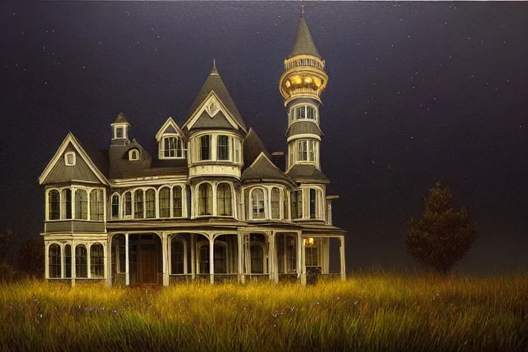 Image similar to a beautiful hyperrealistic painting of a victorian house with a tower at night, very detailed by andrea kowch and samuel and joseph newsom