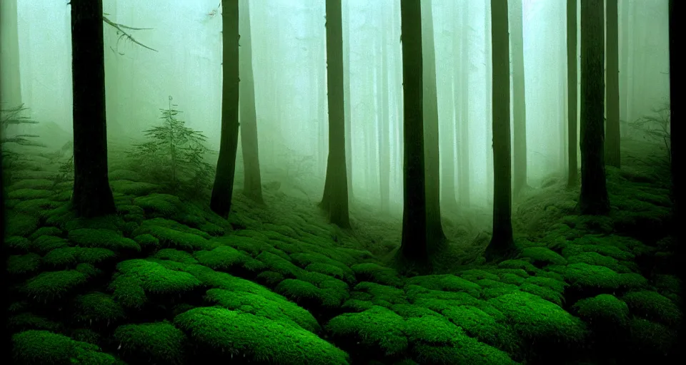 Image similar to deep inside the forest, fog, mist, moss, ferns, by ansel adams, polaroid