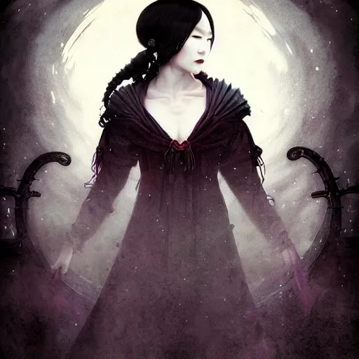 Image similar to Portrait of a riveting Japanese vampire woman!, atmospheric lighting, gothic makeup, intricate, Transylvanian castle, volumetric lighting, beautiful, starlit sky, sharp focus, ultra-detailed, by Tom Bagshaw Leesha Hannigan, Ross Tran, Thierry Doizon, Kai Carpenter, Ignacio Fernández Ríos