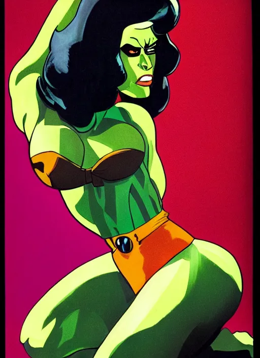 Prompt: a color photo portrait of she hulk wearing 6 0's fashion by helmut newton dramatic lighting, 7 5 mm lens, sharp focus.