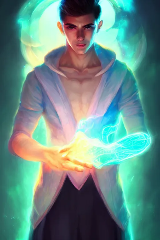 Image similar to a human elemental sorcerer, blurred environment background, colorful magic effects, white skin, portrait, male, clothed, sharp focus, digital art, concept art, trending on artstation, dynamic lighting, by emylie boivin and rossdraws