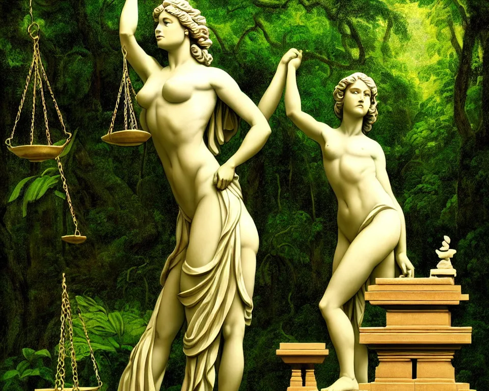 Image similar to achingly beautiful print of a lady justice sculpture outside a temple in the rainforest by raphael, hopper, and rene magritte. detailed, romantic, enchanting, trending on artstation.