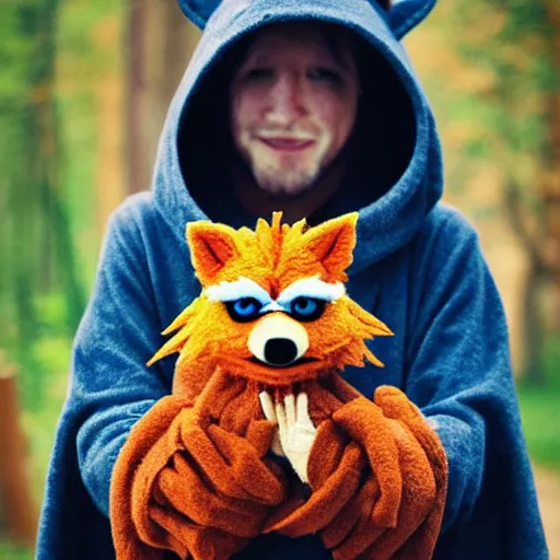 Image similar to a chibi foxfolk muppet druid wizard wearing a hooded cloak holding a small muppet animal with a small herd of random muppet animals following behind, sesame street, photograph, photography, ultrarealistic, national geographic