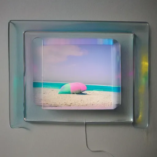 Image similar to a pastel colour high fidelity wide angle Polaroid art photo from a holiday album at a seaside with abstract inflatable parachute furniture, all objects made of transparent iridescent Perspex and metallic silver, no people, iridescence, nostalgic