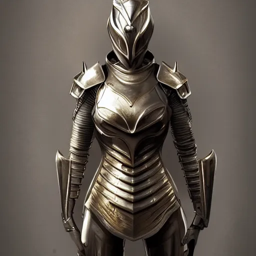 Prompt: character concept art illustration of woman in plate armor, hyper realistic, cinematic lighting, polished metal, intricate pattern, gold trim, octane render, 8 k, unreal engine, volumetric