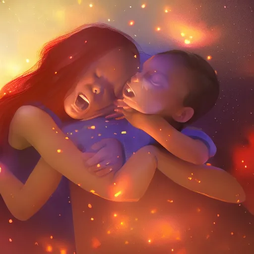 Image similar to a family hugging each other for the last time as the world is ending, meteors are falling from the sky, everything is on fire, dramatic lighting, digital art, very very very very very very beautiful, 8 k, dark lighting, trending on artstation, award winning