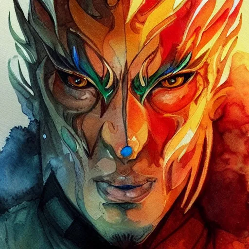 Image similar to water color art on paper, fire elf portrait, highly detailed, award - winning artstation, masterpiece