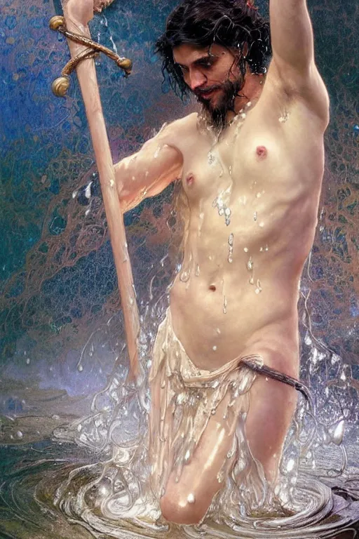 Prompt: portrait of a beautiful man wearing a black robe, holding a long staff, drenched body, wet dripping hair, emerging from the water, fantasy, regal, fractal crystal, fractal gems, by stanley artgerm lau, thomas kindkade, alphonse mucha, loish, norman rockwell ross tran