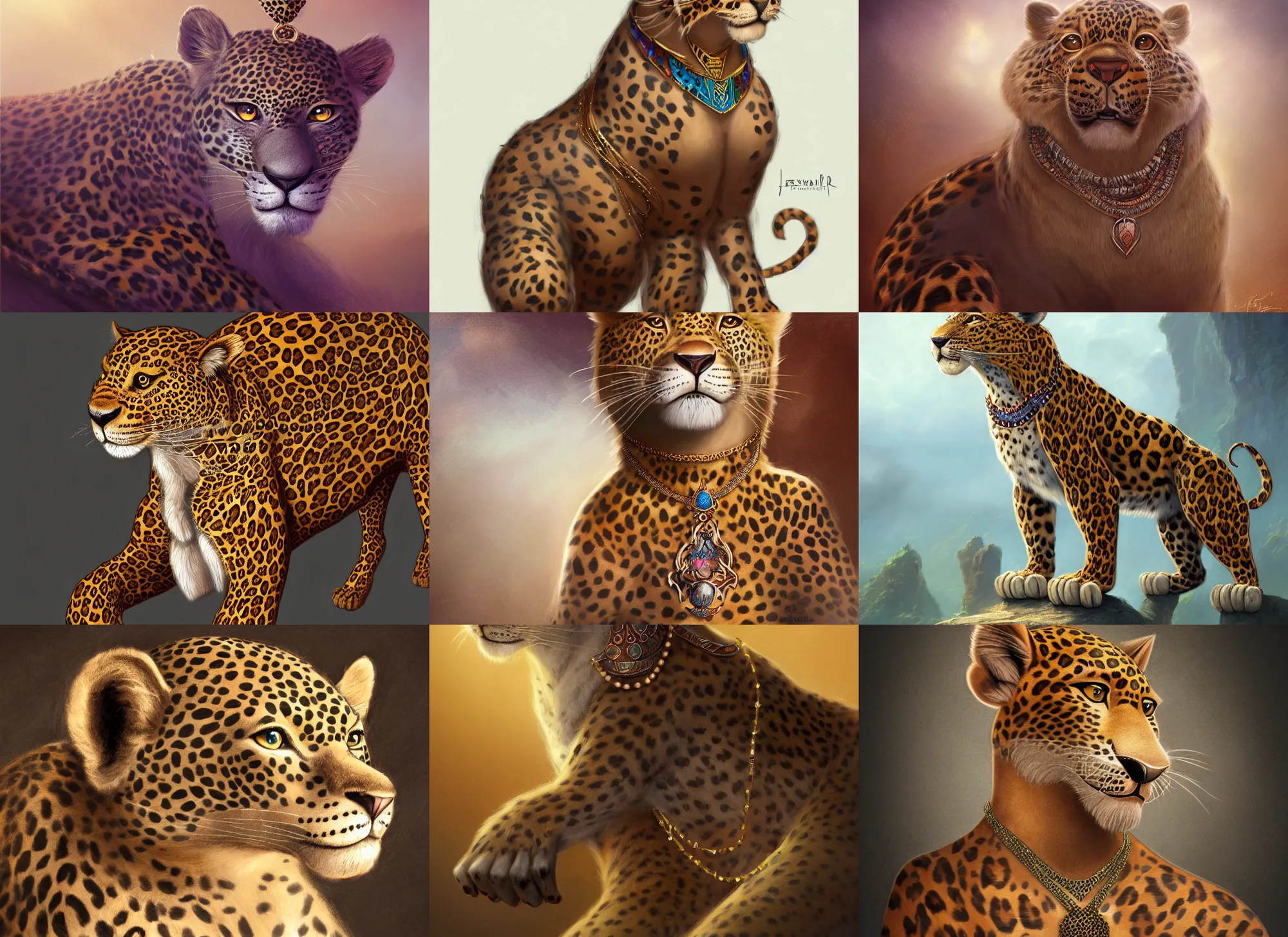 Prompt: fullbody beautiful detailed character design of a leopard wearing egyptian necklace. deviantart leopard adoptable, character concept artwork professional, portrait studio lighting by jessica rossier and brian froud in the style of disney, zootopia, the lion king, artstation deviantart