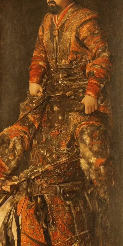 Image similar to Highly detailed and cinematic Renaissance period portrait oil painting Kublai Khan, an oil painting ((masterpiece)) by ((Josep Tapiró Baró)), dynamic lighting, 8K