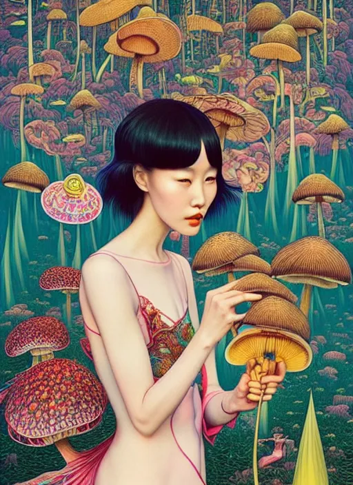 Image similar to pretty chinese model with hallucination mushroom : : by martine johanna and simon stalenhag and chie yoshii and casey weldon and wlop : : ornate, dynamic, particulate, rich colors, intricate, elegant, highly detailed, vogue, harper's bazaar art, fashion magazine, smooth, sharp focus,