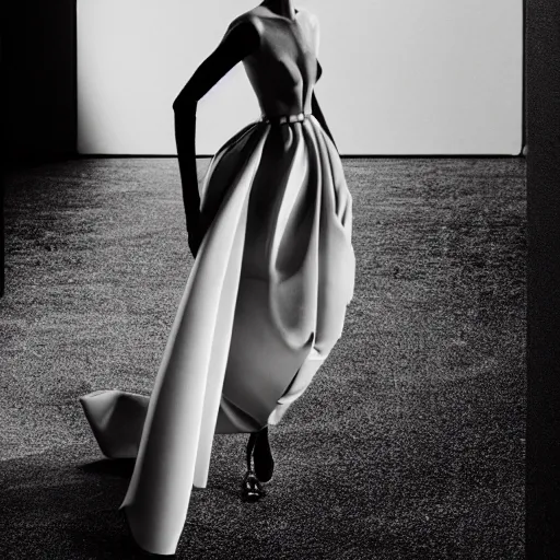 Image similar to a model dressed in an avant garde haute couture dress, angular minimalism, vogue editorial photo, sharp focus dynamic light