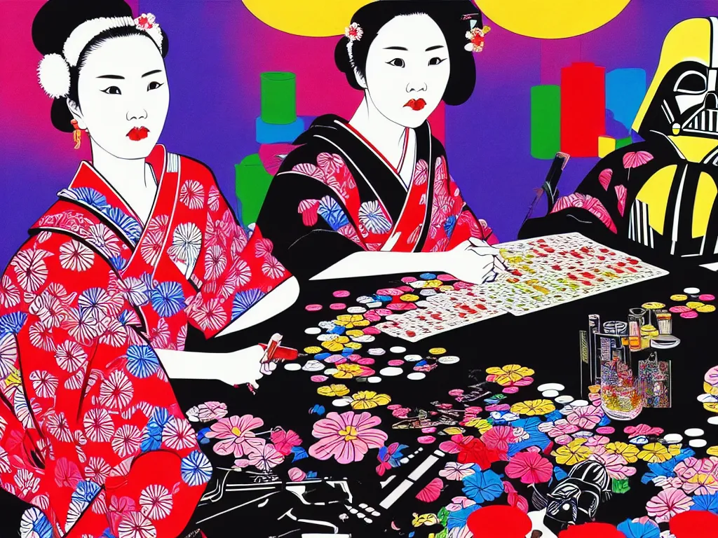 Prompt: hyperrealistic composition of the detailed woman in a japanese kimono sitting at a poker table with detailed darth vader, fireworks, beautiful mountain in the background, pop - art style, jacky tsai style, andy warhol style, acrylic on canvas