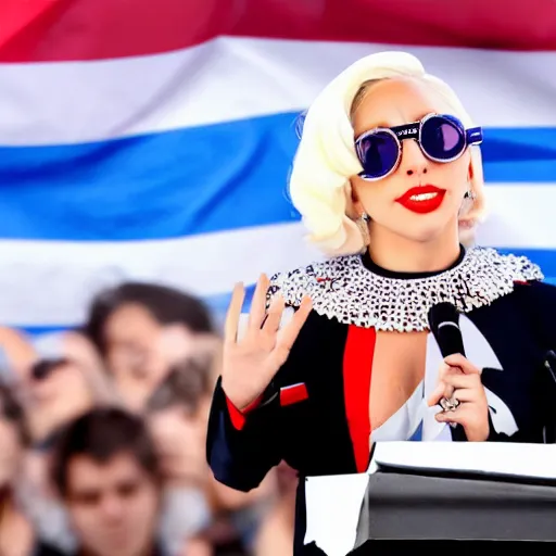 Image similar to Lady Gaga as president, Argentina presidential rally, Argentine flags behind, bokeh, giving a speech, detailed face, Argentina