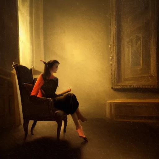 Image similar to a woman sitting on a chair inside of a dark, foreboding room, 1 7 0 0 s oil painting, dark art, vignette, bloom effect, cgsociety, artstation, 4 k, 8 k