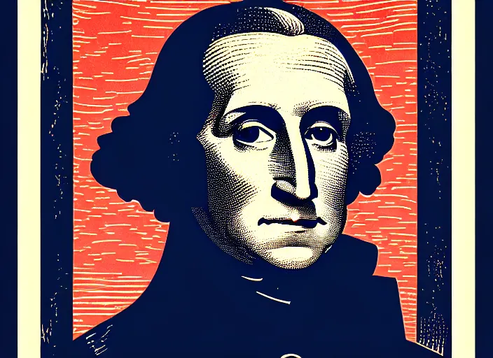 Image similar to portrait of George Washington,linocut,modern art deco, Mads Berg, Karolis Strautniekas,small finely stippled light, dramatic lighting,fine texutre,propaganda poster, editorial illustration, detailed, matte print, film noir, dynamic composition,moody,dark red, dark blue, beige, black, bauhaus, 1920s, 1930s