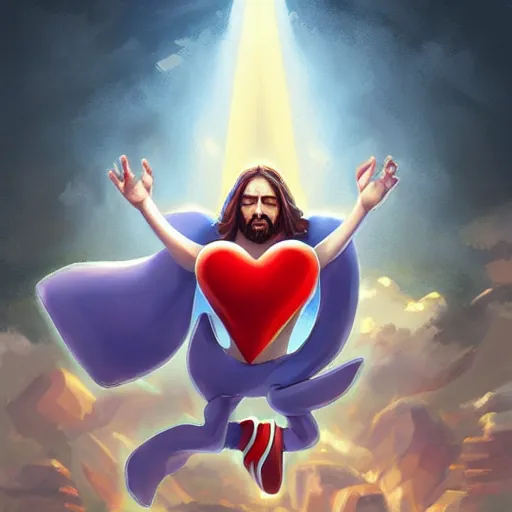 Prompt: Jesus christ transforming in Sonic holding the a shiny Sacred Heart , by Stanley Artgerm Lau, WLOP, Rossdraws, James Jean, Andrei Riabovitchev, Marc Simonetti, Yoshitaka Amano, ArtStation, CGSociety,