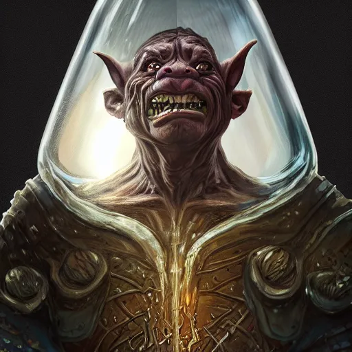 Prompt: a portrait of a evil goblin in glass armor releasing spell, full height, moving forward, concept art, trending on artstation, highly detailed, intricate, sharp focus, digital art, 8 k